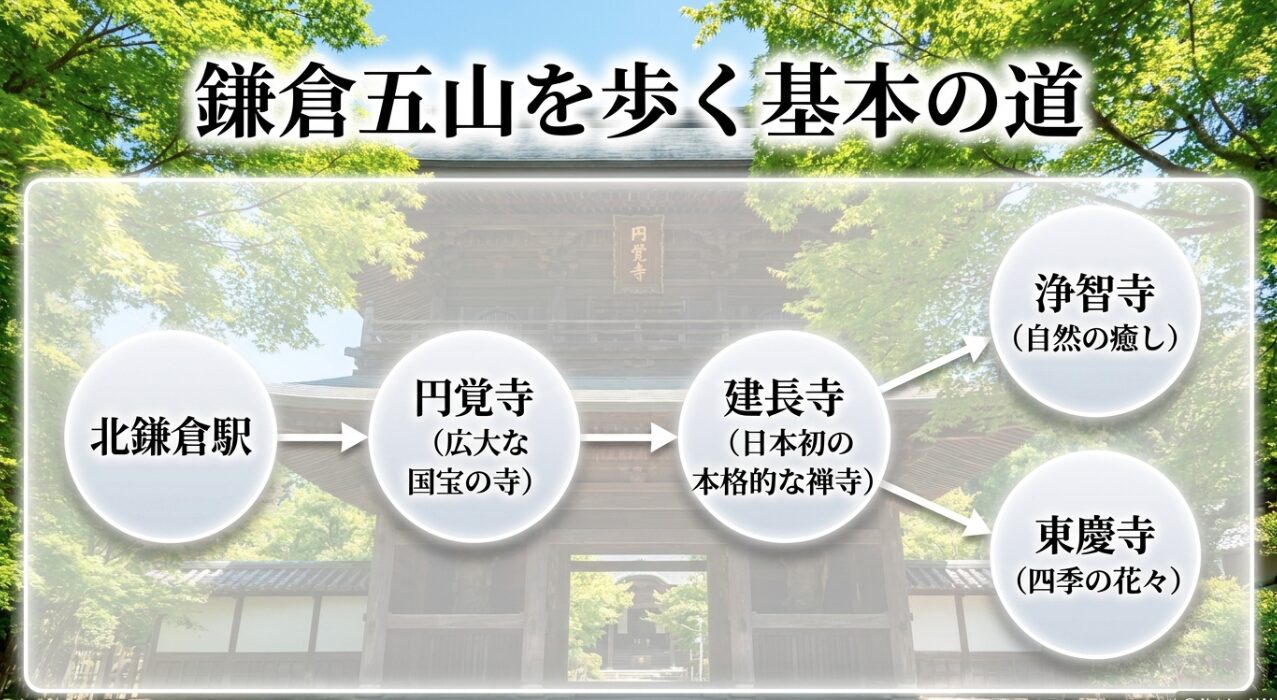 北鎌倉駅から円覚寺、建長寺、浄智寺、東慶寺へと至る鎌倉五山を巡る基本の散策ルートマップ