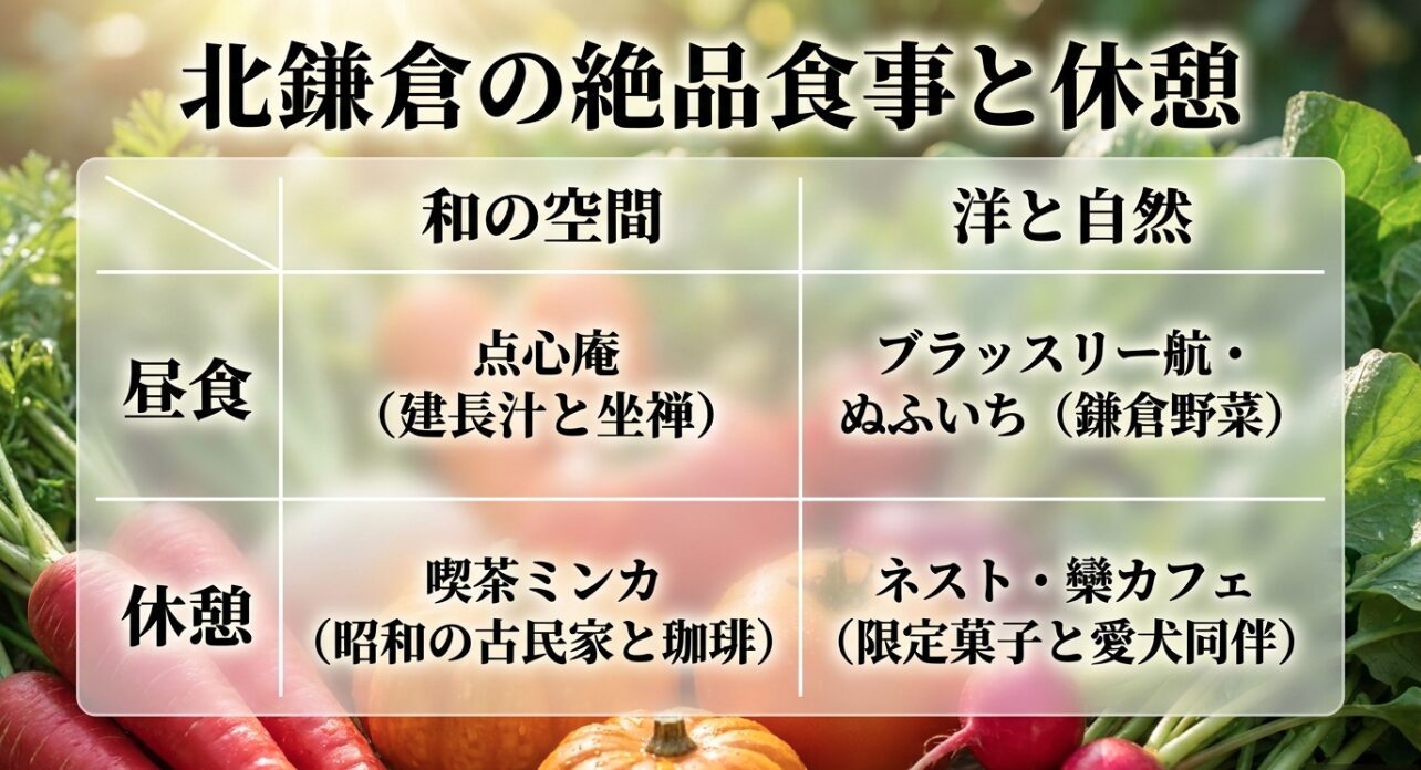和の空間を楽しめる点心庵や喫茶ミンカ、洋と自然を感じるブラッスリー航や欒カフェなど北鎌倉のおすすめ食事・休憩スポット一覧