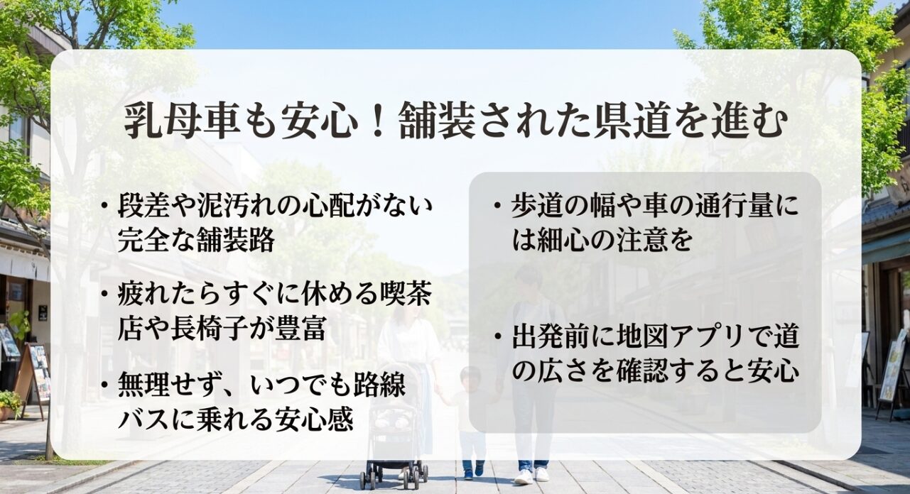段差や泥汚れの心配がなく、乳母車でも安心して進める舗装された県道ルートのメリット