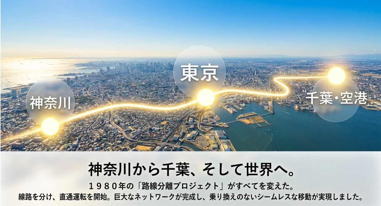 神奈川から千葉への乗り換えのないシームレスな移動を実現した、1980年の路線分離プロジェクトを解説するスライド
