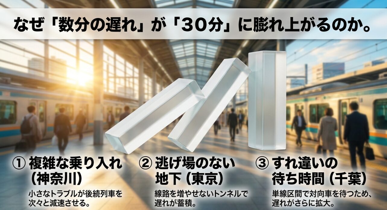 複雑な乗り入れ、東京トンネルでの遅れ蓄積、千葉エリアでの単線すれ違い待ちという、遅延が拡大する3つのメカニズムを図解したスライド