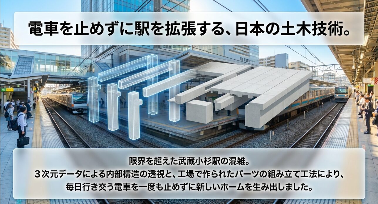 3次元データとプレキャスト工法を活用し、電車を止めずに混雑する武蔵小杉駅のホームを増設した日本の最新土木技術の解説