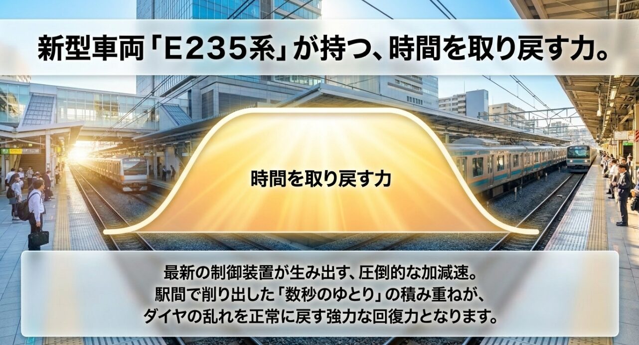 最新の制御装置による圧倒的な加減速性能で、ダイヤの乱れを回復する力を持つ新型車両E235系の特徴