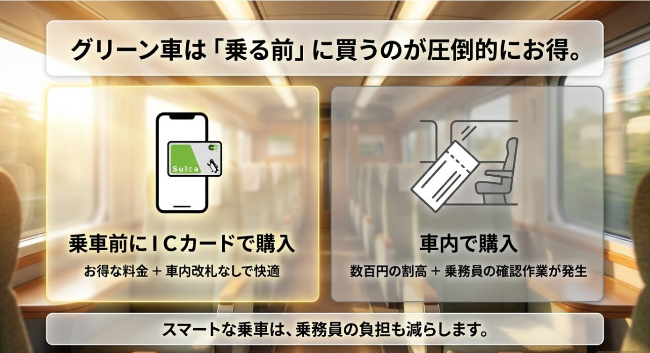 車内購入より事前購入がお得になり、車内改札も省略できるグリーン車Suicaシステムのメリットを比較した図
