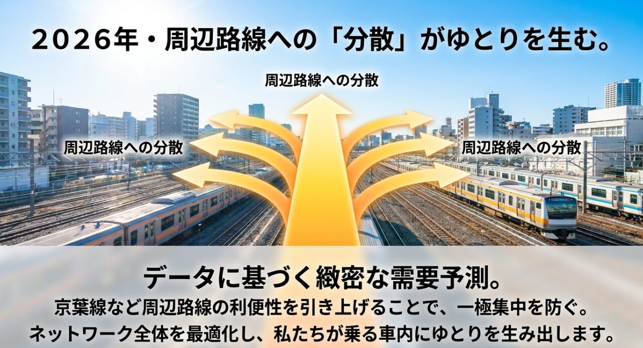 京葉線など周辺路線の利便性を高めることで一極集中を防ぎ、ネットワーク全体を最適化して車内にゆとりを生む仕組み