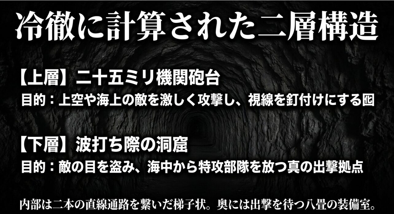 上空の敵を狙う機関砲台と海中から出撃する特攻拠点の二層構造図