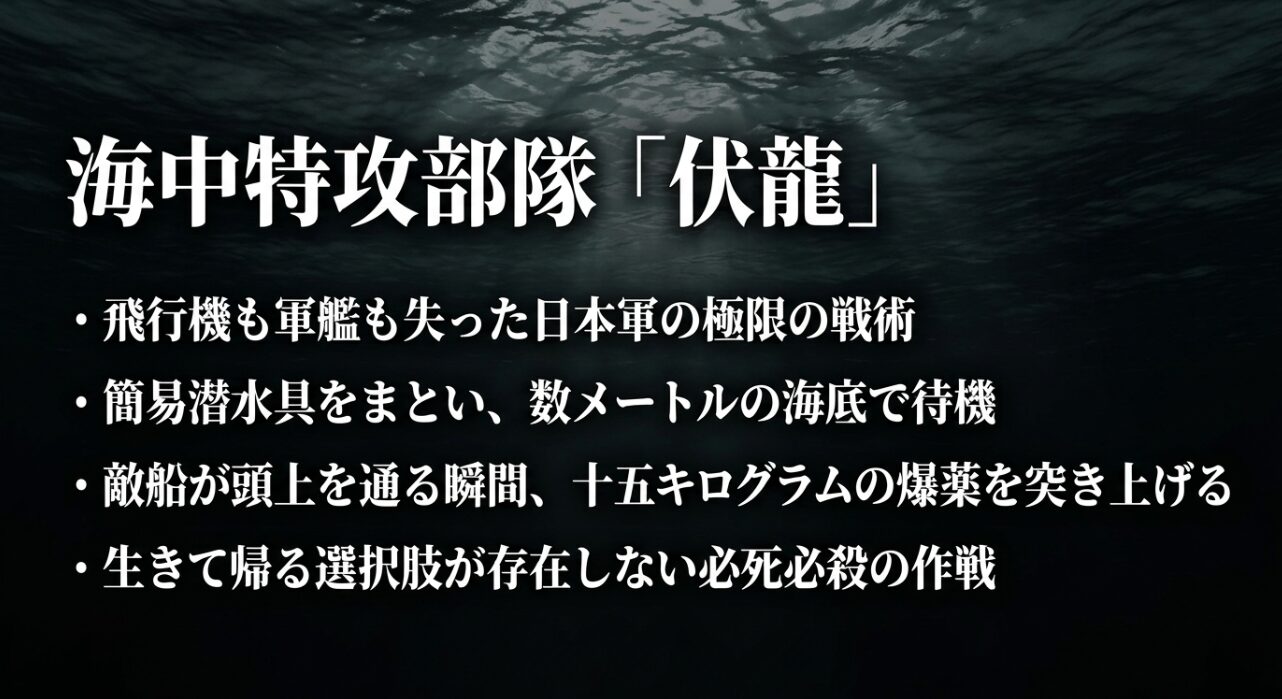 簡易潜水具をまとい海底から敵船を爆薬で攻撃する海中特攻部隊「伏龍」の概要
