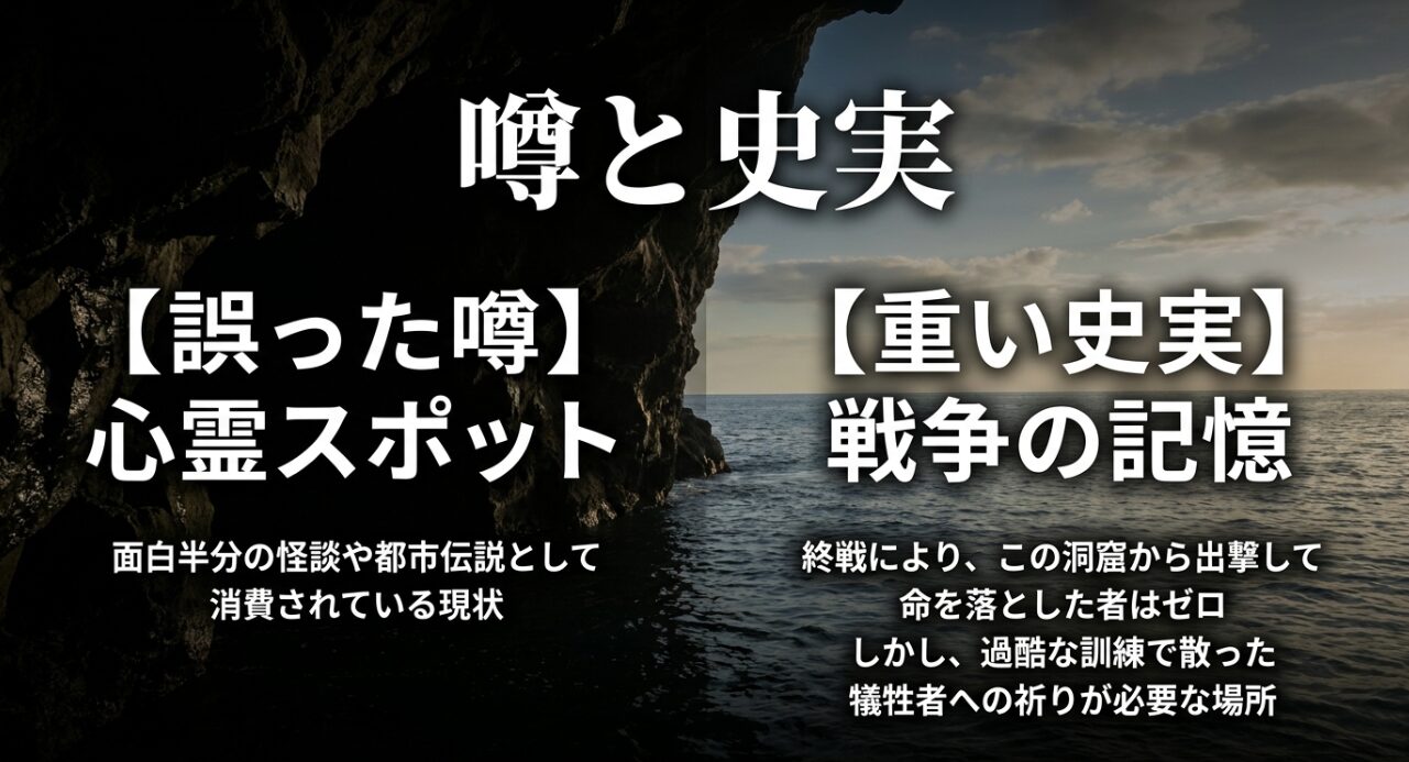 洞窟砲台にまつわる心霊スポットの噂と犠牲者に対する重い史実の比較

画像タイトル： 心霊スポットの噂と向き合うべき重い史実