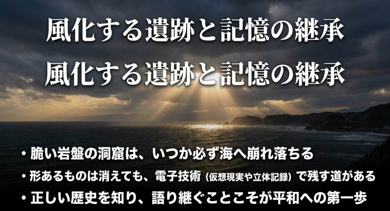 崩壊の危機にある洞窟砲台を仮想現実や立体記録などの電子技術で後世に残す記憶の継承