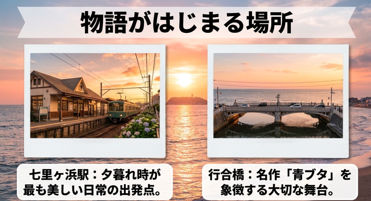 夕暮れ時の七里ヶ浜駅と青ブタの舞台である行合橋
