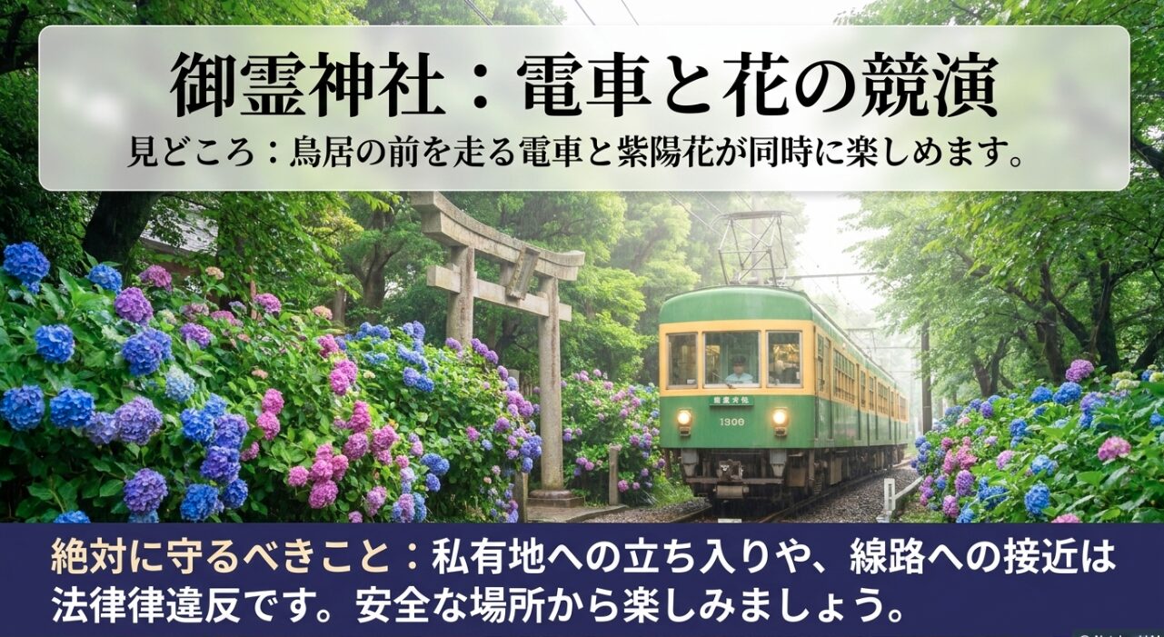 御霊神社：電車と花の競演。鳥居の前を走る電車と紫陽花が同時に楽しめます。私有地への立ち入りや線路への接近は法律違反です。