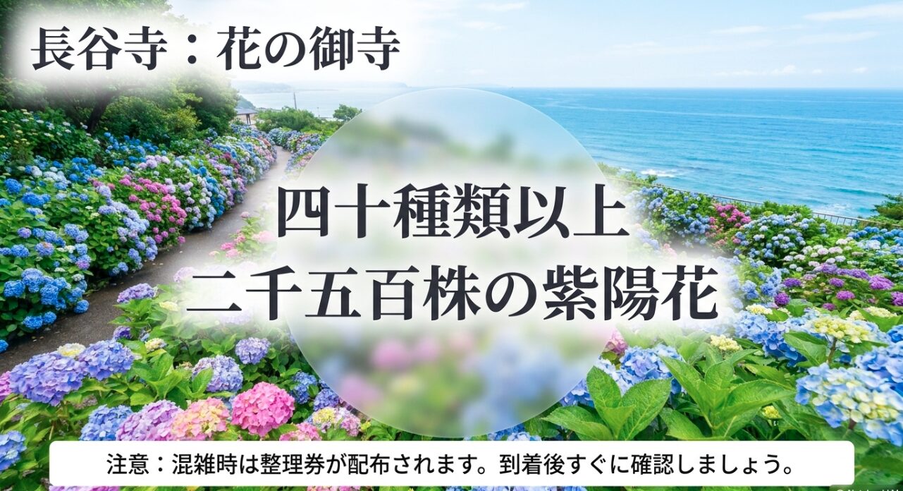 長谷寺：花の御寺。四十種類以上、二千五百株の紫陽花。混雑時は整理券が配布されます。