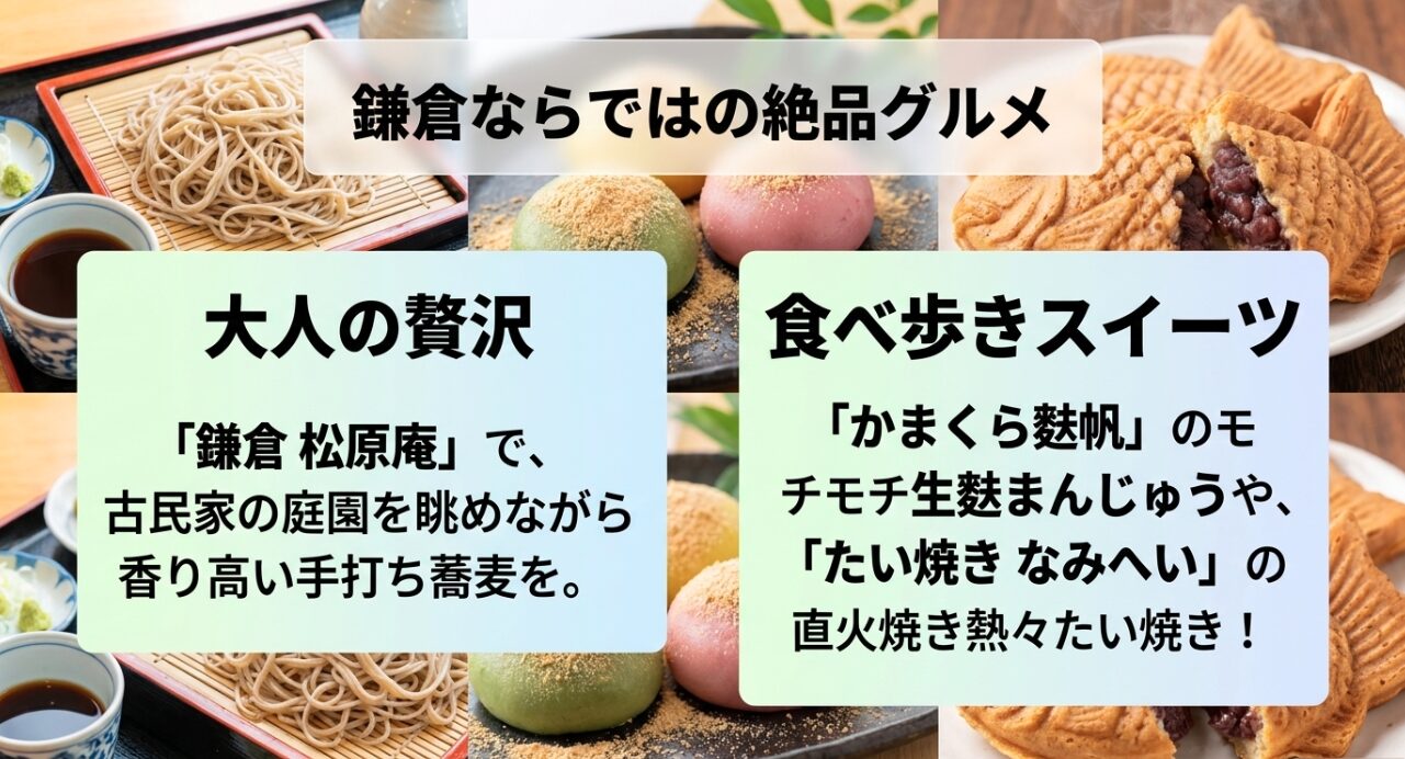 鎌倉松原庵の手打ち蕎麦や、かまくら麩帆の生麩まんじゅう、たい焼きなみへいの直火焼き熱々たい焼きなどの鎌倉グルメ情報。
