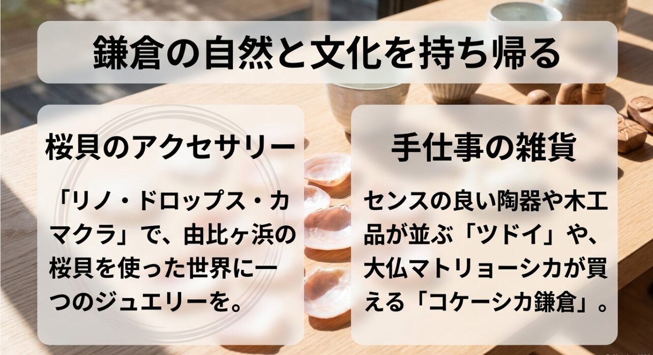 桜貝のアクセサリーが買えるリノ・ドロップス・カマクラや、手仕事の雑貨が並ぶツドイ、大仏マトリョーシカが買えるコケーシカ鎌倉などのお土産情報