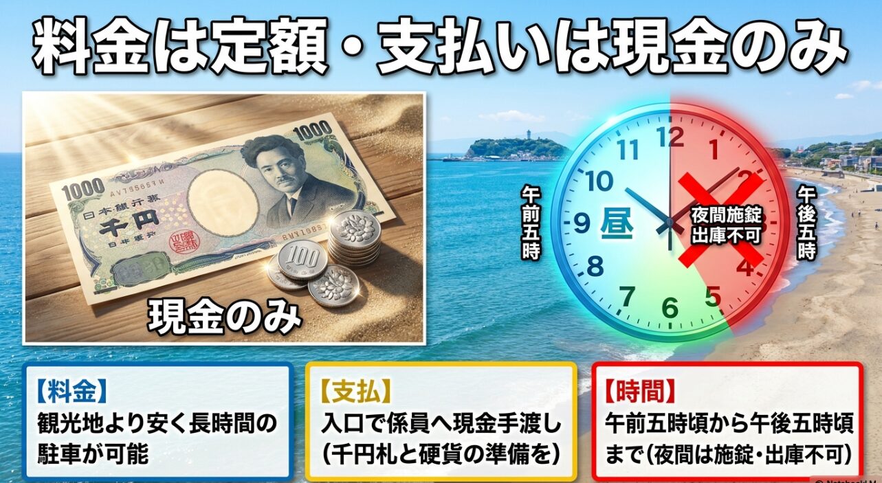 千円札と小銭の画像。駐車場料金は定額で支払いは現金のみ。午前5時頃から午後5時頃まで利用可能で夜間は施錠され出庫不可。