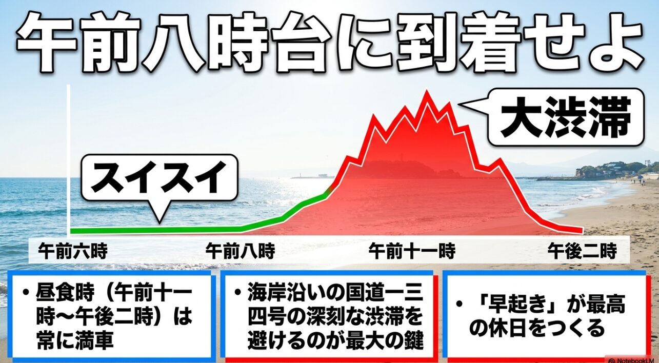 混雑状況のグラフ。昼食時は常に満車になり周辺道路も渋滞するため、渋滞を避けて午前8時台に到着することが推奨されている。
