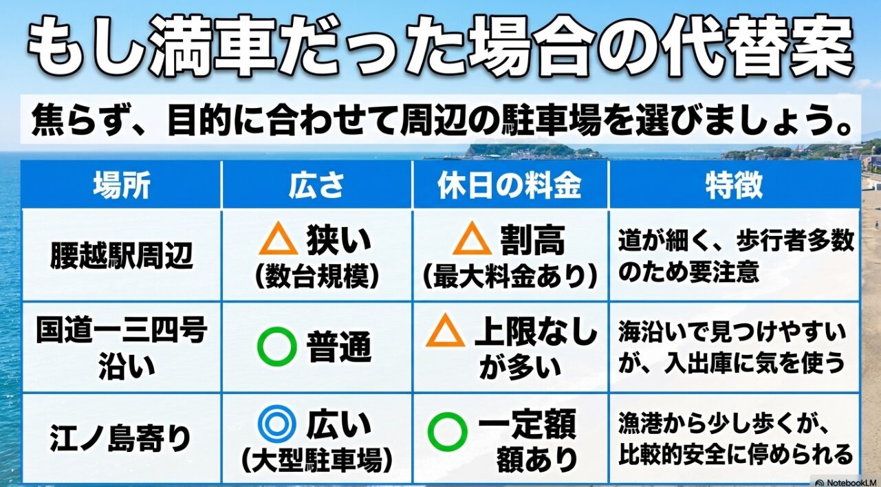 腰越駅周辺、国道134号線沿い、江ノ島寄りなど、満車時の代替となる周辺駐車場の広さや休日の料金、特徴をまとめた比較表。