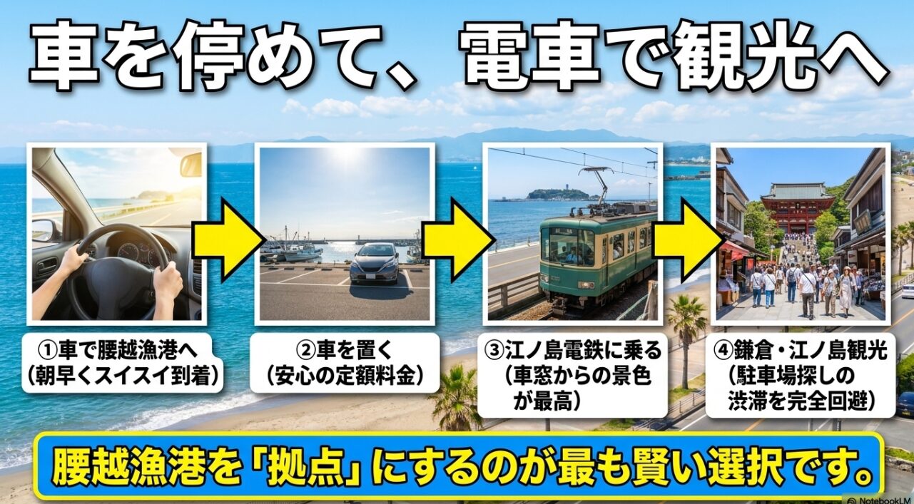江ノ電と神社の画像。車を腰越漁港に停めて江ノ島電鉄に乗り、鎌倉や江ノ島を観光するパークアンドライドの提案。