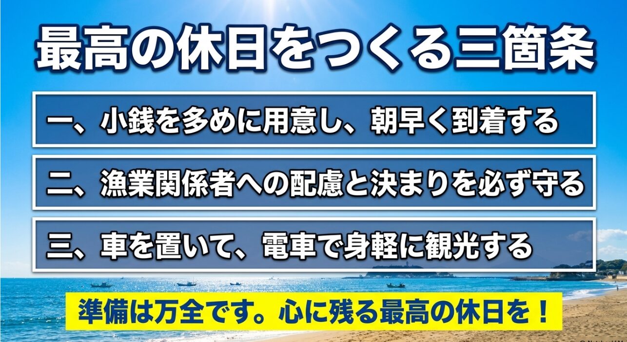 小銭の準備と早朝到着、漁業関係者への配慮とルールの遵守、車を置いて電車で観光するという、最高の休日をつくるための三箇条。
