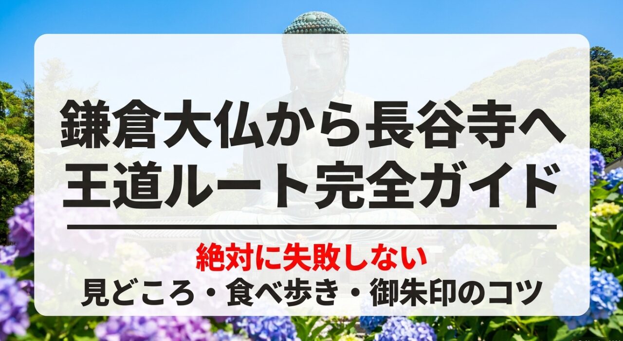 鎌倉大仏から長谷寺への王道ルート完全ガイドのタイトルスライド。見どころ・食べ歩き・御朱印のコツを解説。