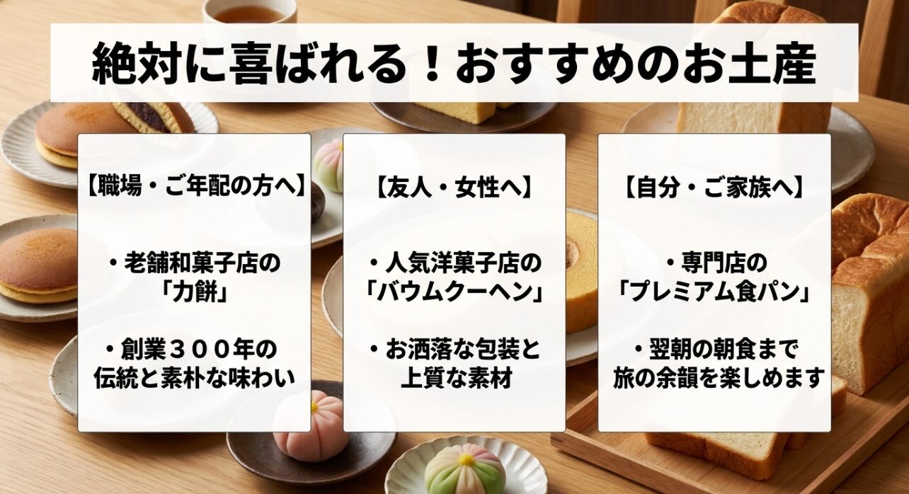 職場向けの老舗和菓子の力餅、友人向けのバウムクーヘン、自分向けのプレミアム食パンなど、相手別のおすすめお土産。