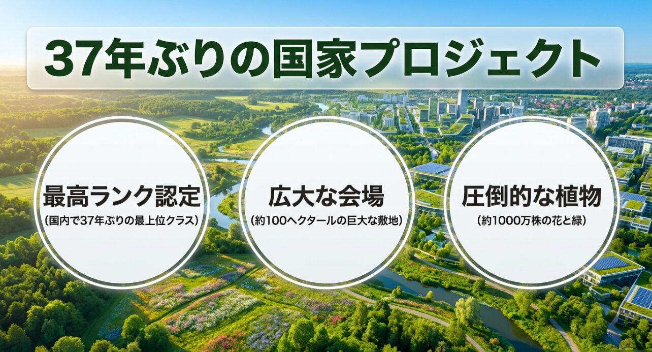 国内で37年ぶりの最上位クラス認定となる横浜花博の、約100ヘクタールの広大な会場と約1000万株の花と緑のスケール感を示すスライド