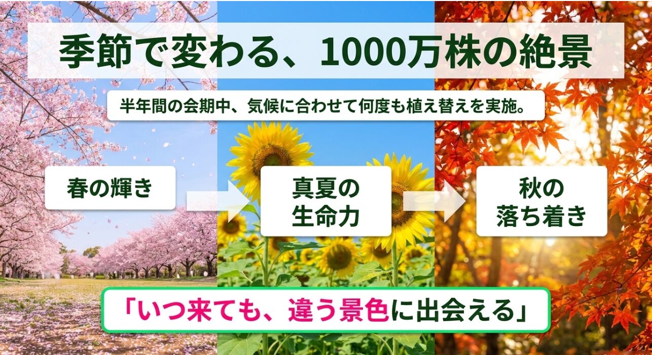 半年間の会期中に気候に合わせて何度も植え替えを実施し、春・夏・秋といつ来ても違う絶景に出会える横浜花博の魅力