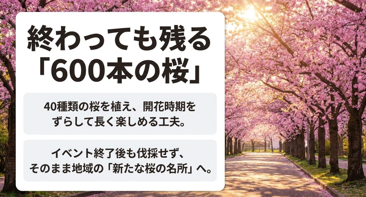 開花時期をずらして長く楽しめるよう40種類の桜を約600本植え、イベント終了後も新たな桜の名所として残る工夫