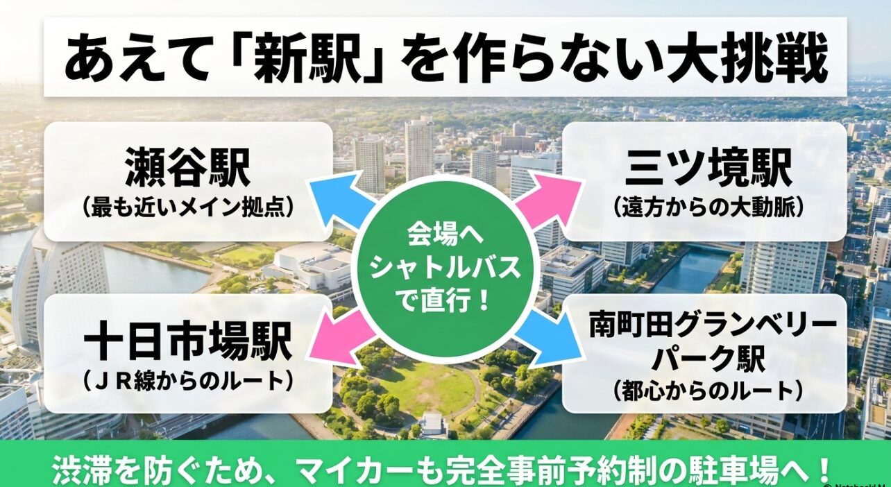 瀬谷駅や十日市場駅など主要4駅からシャトルバスで直行し、マイカーも完全事前予約制の駐車場を利用する渋滞対策のアクセス網