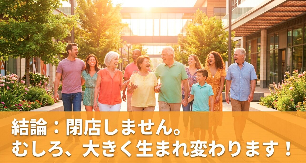 結論として平塚のららぽーとは閉店せず、大きく生まれ変わることを明確に伝えるスライド