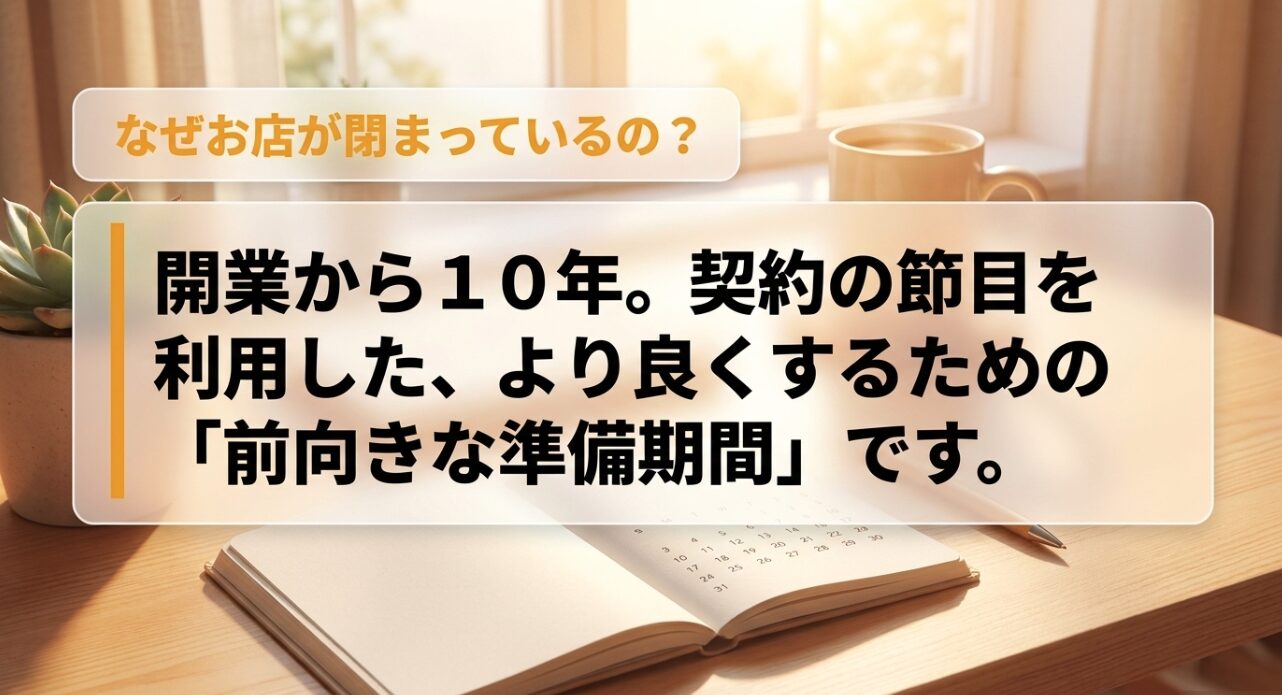 お店が閉まっている理由は、開業から10年の節目を利用したより良くするための前向きな準備期間であることを説明するスライド