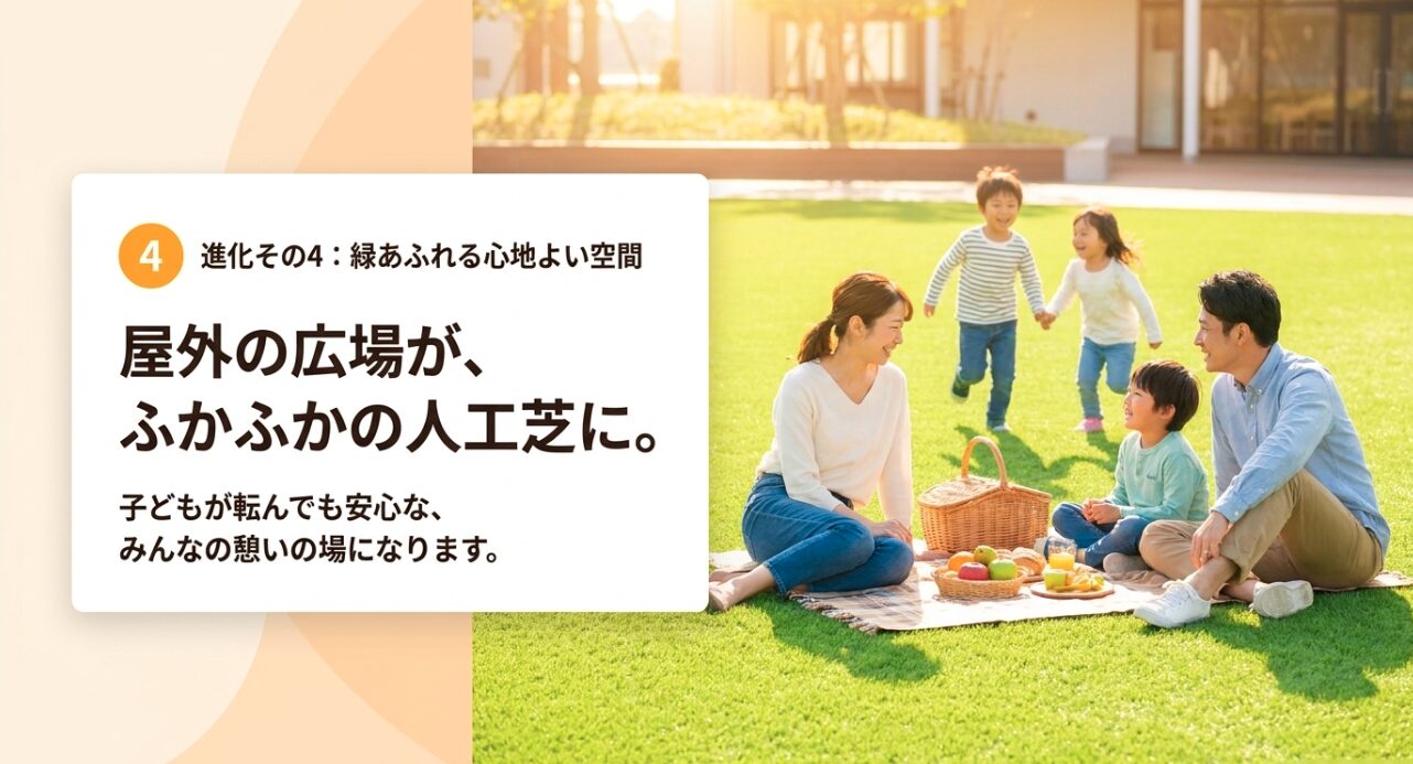 屋外の広場がふかふかの人工芝になり、子どもが転んでも安心な緑あふれる心地よい空間になる進化その4の解説スライド