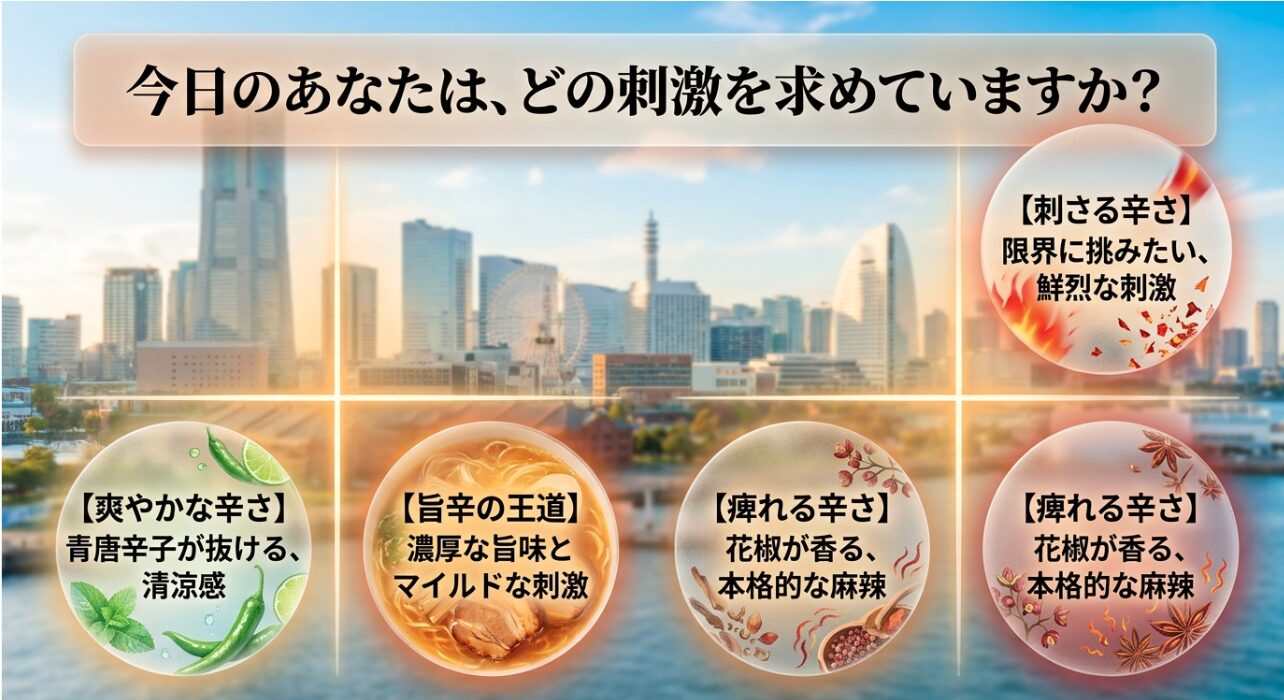 刺さる辛さ、爽やかな辛さ、旨辛の王道、痺れる辛さの4つの特徴