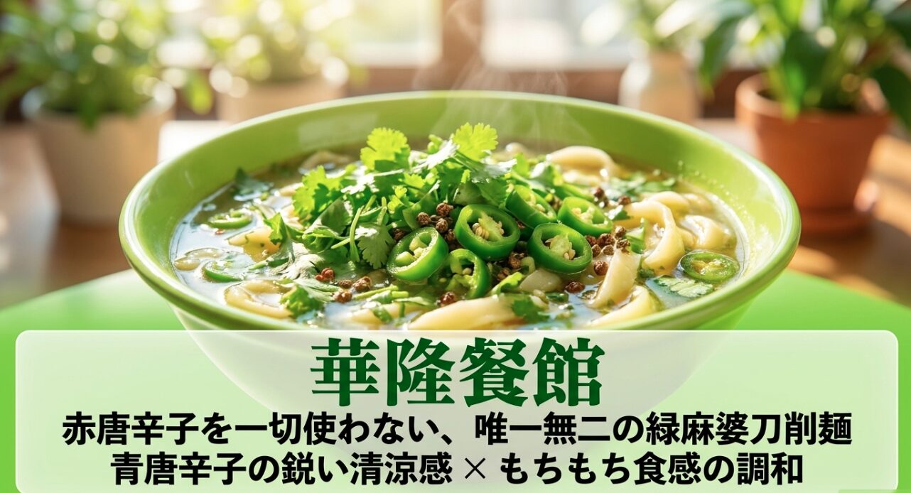 華隆餐館の唯一無二の緑麻婆刀削麺。青唐辛子の清涼感ともちもち食感の調和