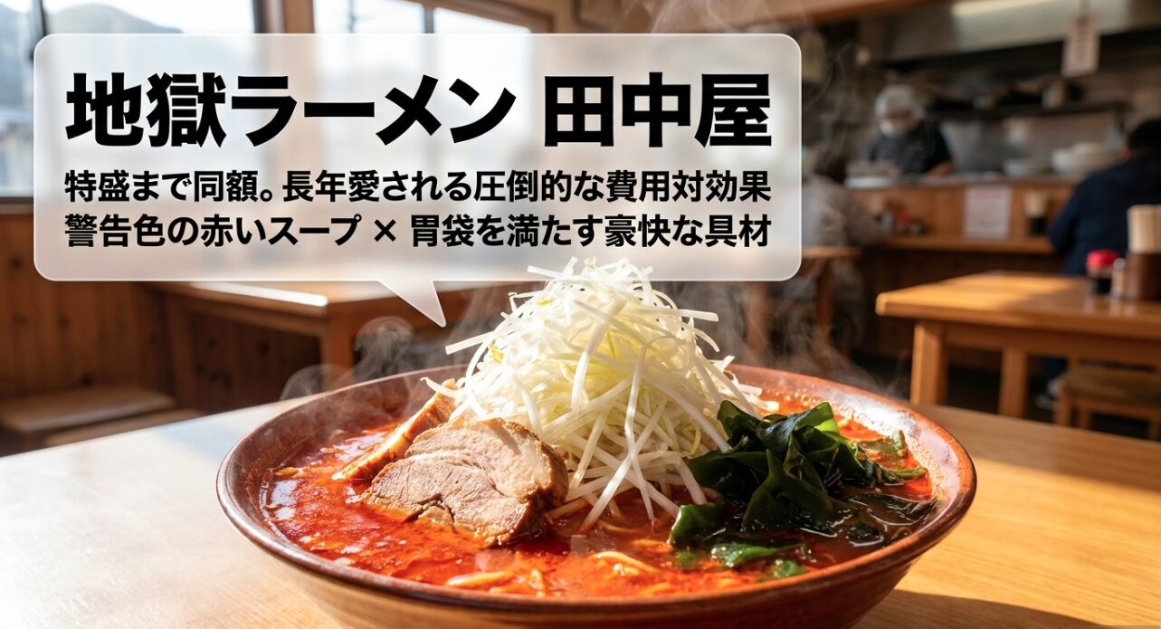 圧倒的な費用対効果を誇る地獄ラーメン 田中屋。特盛まで同額で警告色の赤いスープが特徴