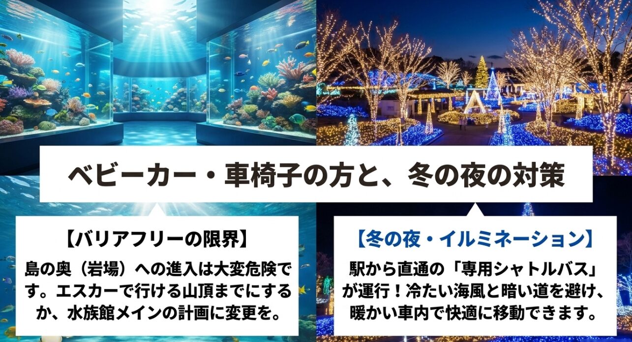 ベビーカーや車椅子でのバリアフリーの限界と冬の夜の専用シャトルバス