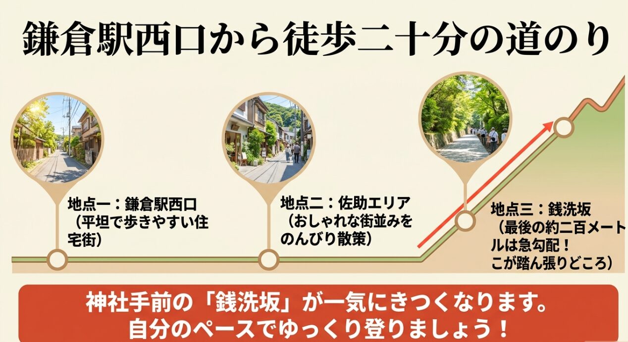 鎌倉駅西口から銭洗弁財天への徒歩20分の道のりと急な坂道（銭洗坂）の様子