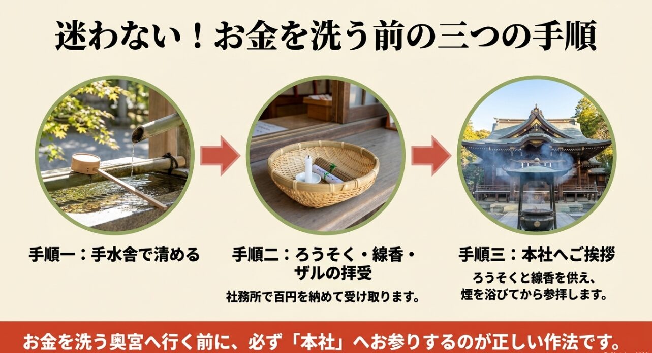 銭洗弁財天でお金を洗う前の正しい3つの手順（手水舎、社務所での拝受、本社参拝）