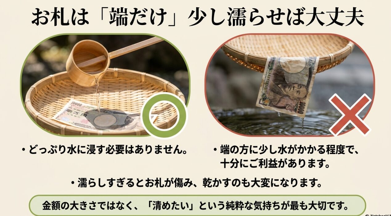 銭洗弁財天での正しいお金の洗い方（お札は端だけを少し濡らす）