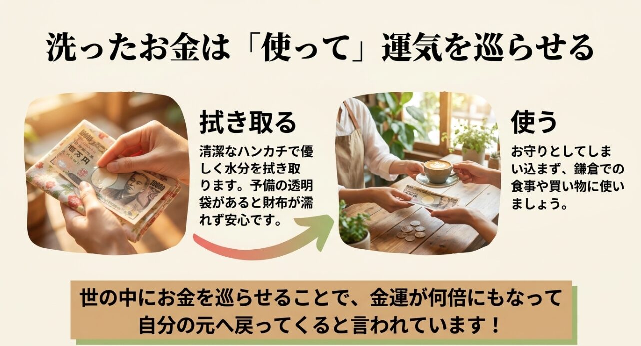 洗ったお金の扱い方（ハンカチで水分を拭き取り、鎌倉での食事や買い物に使う）