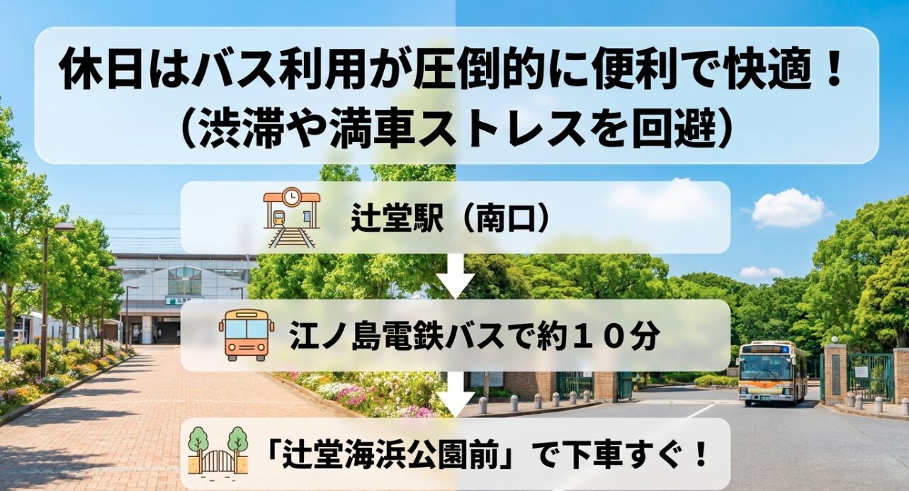 辻堂駅南口から江ノ電バスを利用して辻堂海浜公園へアクセスするルート案内