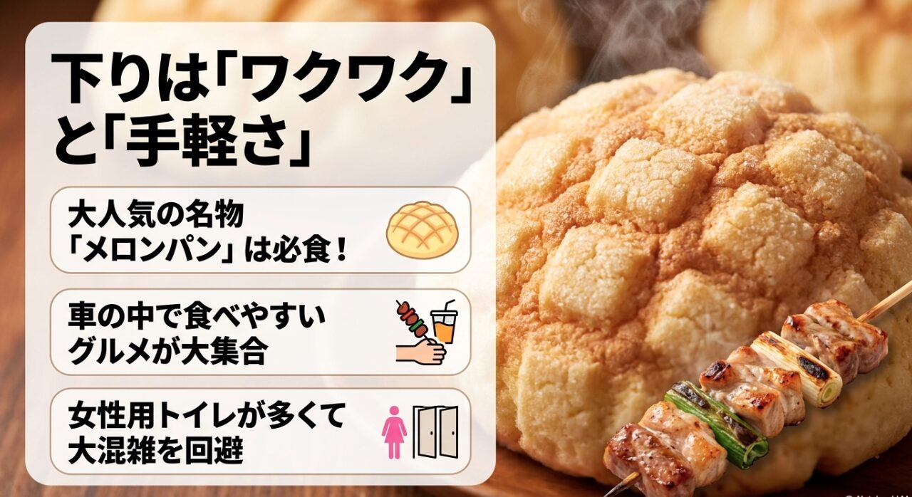 ワクワク感と手軽さが特徴の海老名SA下り線。名物メロンパンや女性用トイレでの混雑回避の工夫を紹介