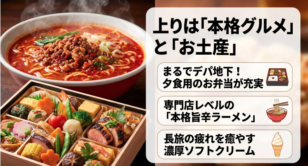 本格グルメとお土産が充実する海老名SA上り線。まるでデパ地下のような夕食用お弁当や本格ラーメンを紹介