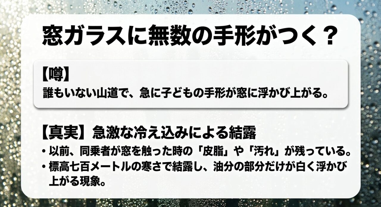 車の窓ガラスに手形が浮かび上がる心霊現象は急激な冷え込みによる結露が原因であるという解説スライド