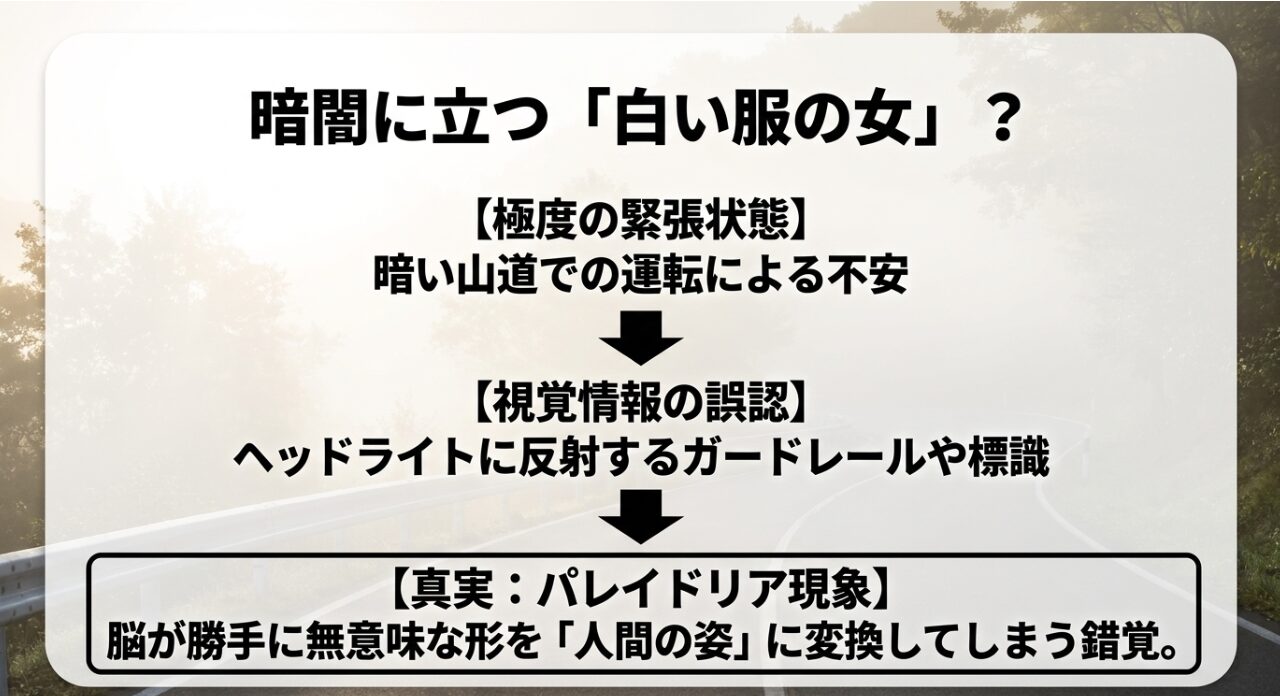 暗闇に立つ白い服の女の霊は極度の緊張とパレイドリア現象による視覚情報の誤認であるという解説スライド