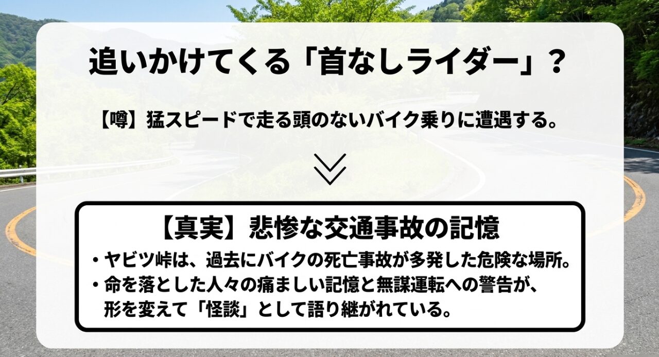 首なしライダーの怪談はヤビツ峠で多発した悲惨なバイク事故の記憶が形を変えたものであるという解説スライド