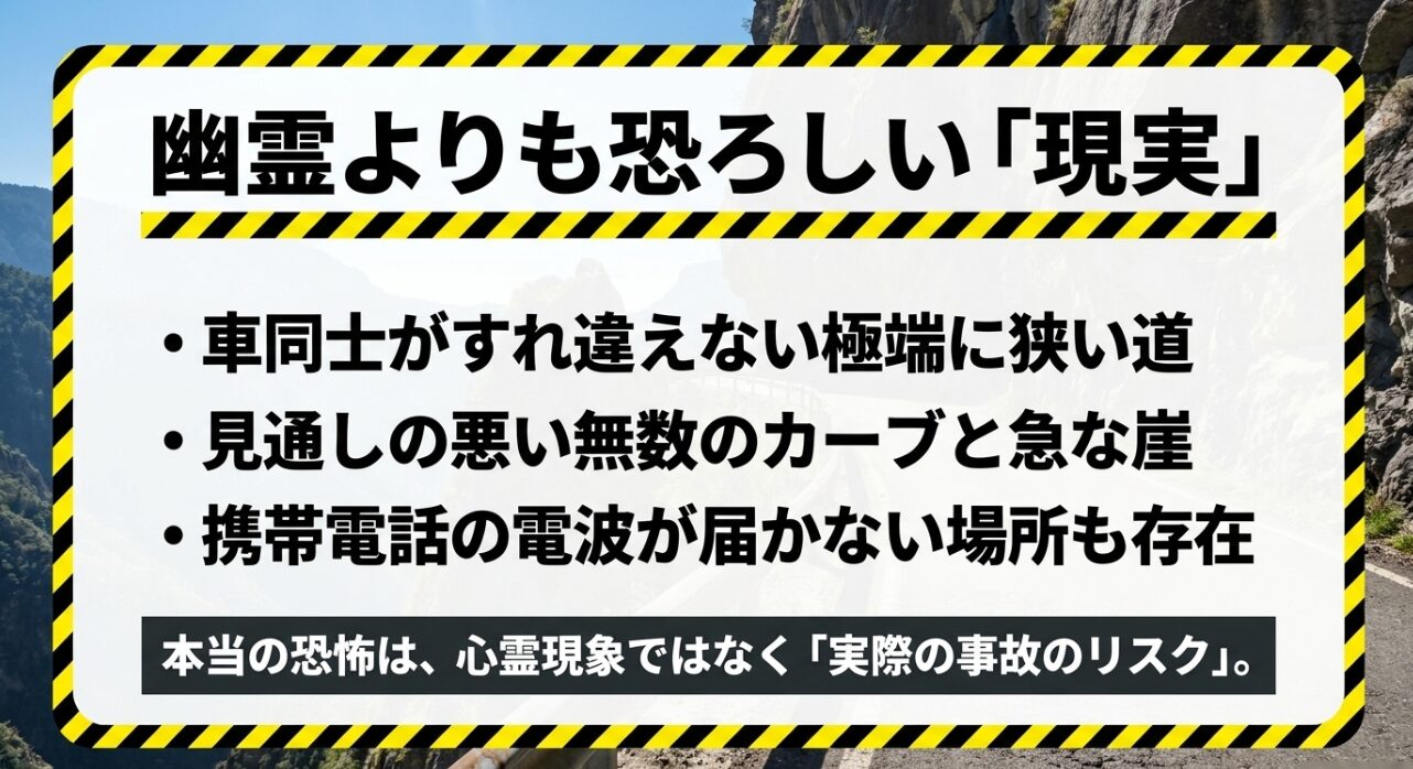 すれ違えない狭い道や見通しの悪いカーブなどヤビツ峠の実際の事故リスクを解説するスライド