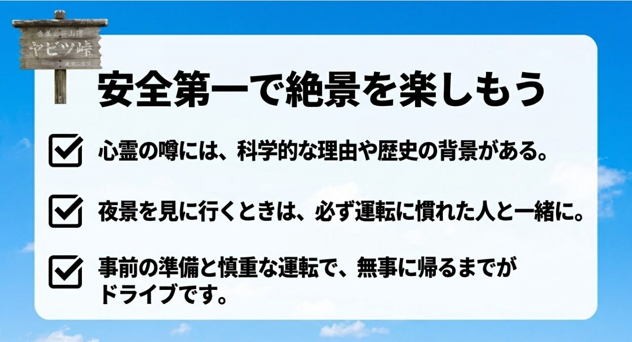 ヤビツ峠へ夜景を見に行く際の事前の準備と安全運転を促すまとめスライド