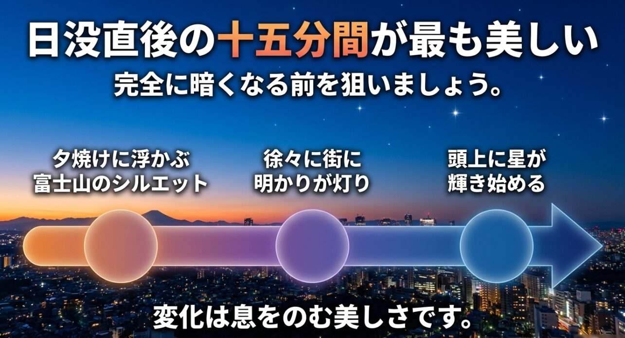 日没直後の15分間に富士山のシルエットや街の明かり、星が輝き始める様子を解説したスライド