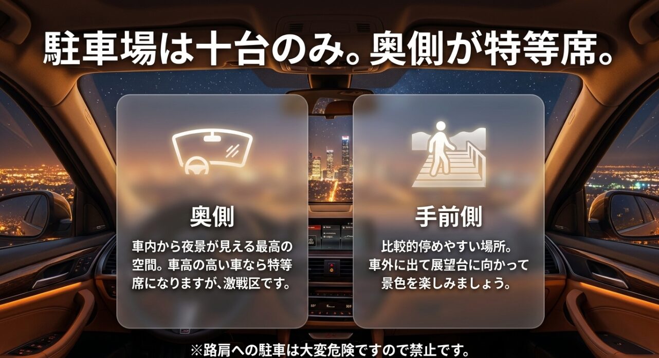 菜の花台駐車場の10台分のスペースのうち、奥側が車内から夜景が見える特等席、手前側が停めやすい場所であることを示す図